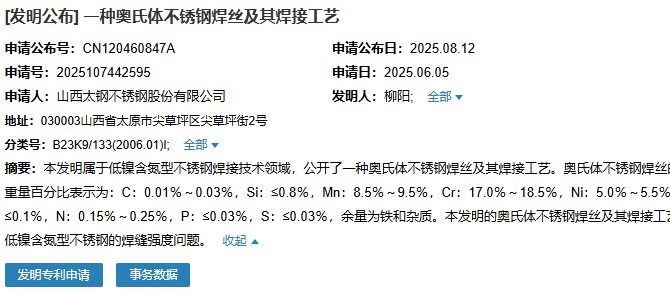 山西太鋼成功申請(qǐng)一項(xiàng)名為“一種奧氏體不銹鋼焊絲及其焊接工藝”專(zhuān)利